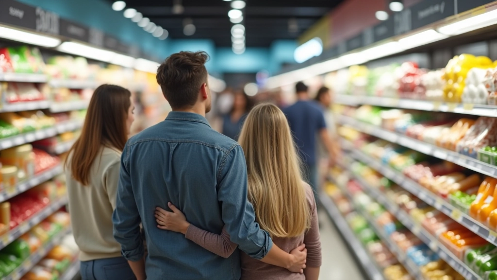 Rodina při nákupu v supermarketu, zkoumající ceny potravin a produktů na policích