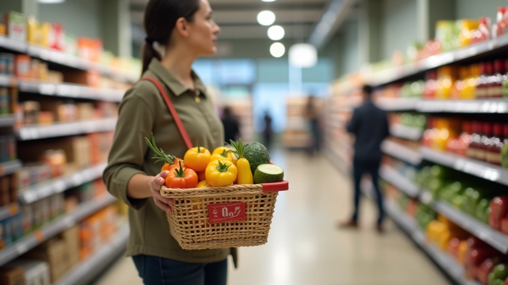 Fotografie nákupního košíku s potravinami a obchodu v supermarketu