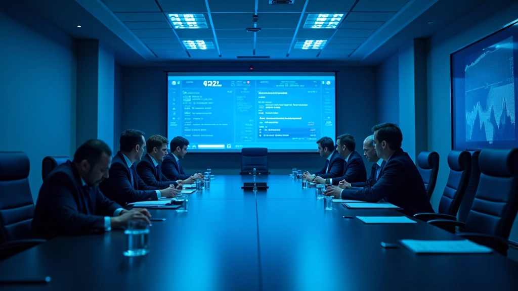 Zasedání bankovní rady České národní banky s ekonomickými daty na obrazovkách