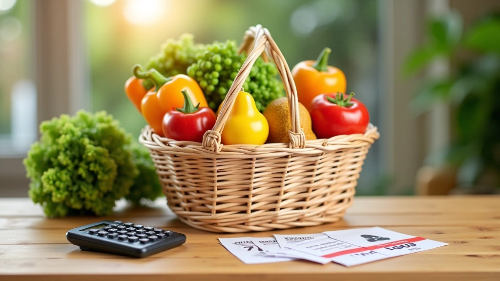 Nákupní košík s potravinami a kalkulačkou ukazující vzorec pro výpočet kupní síly